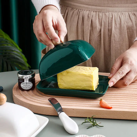 Light Luxury Cover Simple Tableware New Cute Green French Lid Ceramic Butter Dish