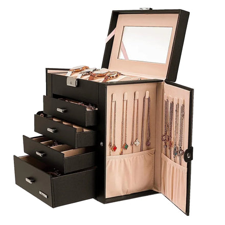 Jewellery Ring Bracelets Storage Case Large Capacity Mirror Lock Jewelry Box Black 5 Layer Travel Jewelry Case