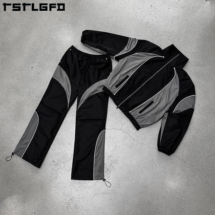 Custom Cotton Streetwear Gym Wear Windbreaker Jacket for Men Summer Set Sports Jogging Wear Splicing Patchwork Tracksuit Men