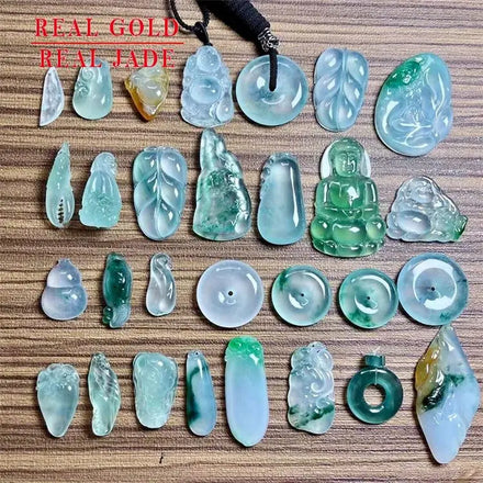 Jadeite Natural a Cargo 18K Inlaid Ice-Like Ruyi Leaf Blessing Melon & Beans Safe Retaining Ring