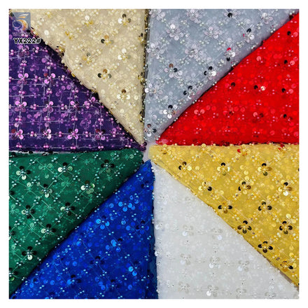 YX222-1 Hot Sales Diamond Bead Embroidery Sequin Lace Fabric Polyester Soft Tulle Bead Sequin Lace Fabric