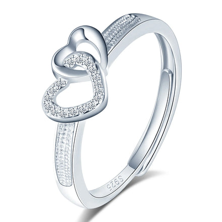 Adjustable Open Cubic Zircons Wedding S925 Sterling Silver Ring Double Heart Women Rings 2024
