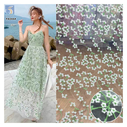 YX244 Golden Supplier French Green Floral Embroidery Lace Fabric Fresh Retro Style Tulle Lace Fabric for Girls' Dress