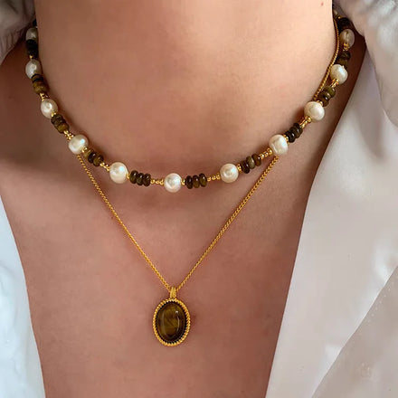 Original Design Fashion Brass Plated 18k Small Gold Beads Tiger's Eye Stone Pearl Beaded Necklace Jewelry Factory Customized