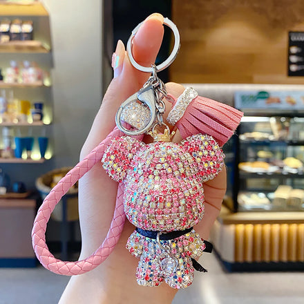Wholesale Luxury Alloy Keychain Big Head Bear Silk Screen Printed Fashion Crystal Rhinestone Heart Shape Key Souvenir Ladies