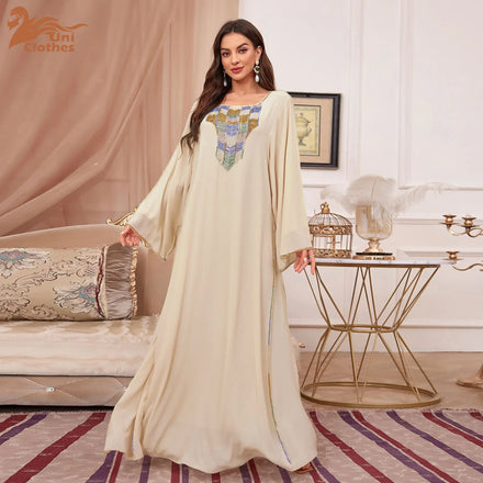 Custom Logo Muslim Womens Maxi Long V-neck Long Sleeve Solid Color Embroidery Applique for Muslin Girl Loose Maxi Dress
