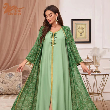 Islamic Clothing Muslim Women Printed Two Piece Set Long Sleeve Dress Vest Applique Robe Exquisite Dress Clothing Manufacturer