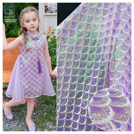 YX269 Beautifully Customized Polyester Lace Tulle Fish Scale Design Colorful Gradient Sequins Embroidered Lace Fabric for Girl