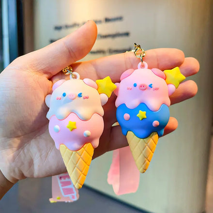 Wholesale Ice Cream Shop Decor Key Chains Cartoon Doll Schoolbag Pig Pendant 3D PVC Ice Cream Keychains Soft Pig Rubber Keychain