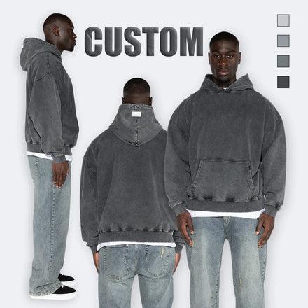 Custom Men's Solid Terry 500gsm Logo Design Oversized 100% Cotton Heavy Weight Streetwear Vintage Acid Washed Hoodie