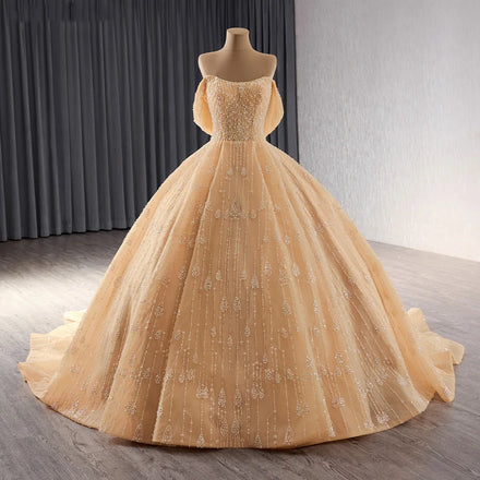 Jancember 241052 Elegant Pearls Golden Long Tail Evening Party Dresses