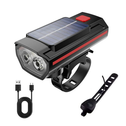 Solar-powered Bike Light with Ultra-bright Dual LED Bulbs High-pitched Warning Horn Separate Switch Rechargeable Cycling Light