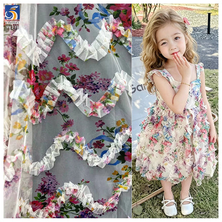 YX278 New Design China 100% Polyester Colorful Digital Printed Mesh Embroidery Pleated Ruffle Tulle Fabric for Tutu