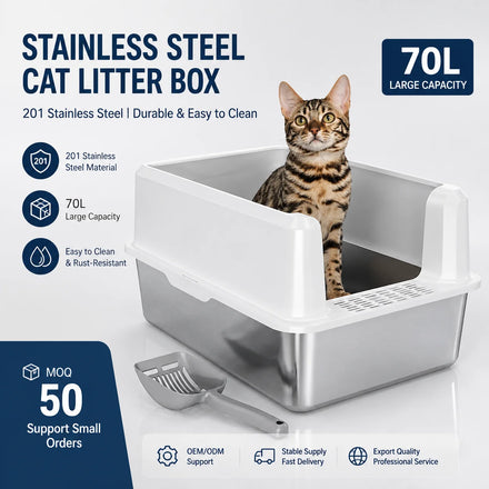 Stainless Steel Cat Litter Box with Lid XL Metal Litter Box for Big Cats with High Sides Non-Sticky Easy Clean Semi Closed