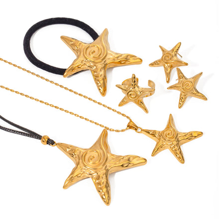 J&D Jewelry Ocean Starfish Ring Necklace Earring Hair Band 18K PVD Gold Plated Stainless Steel Jewelry Set