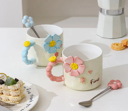 French Luxury Ceramic Cute Mug Coffe Cup Ceramic Coffee Sun Flower Ceramic Cup pink Blue with Spoon
