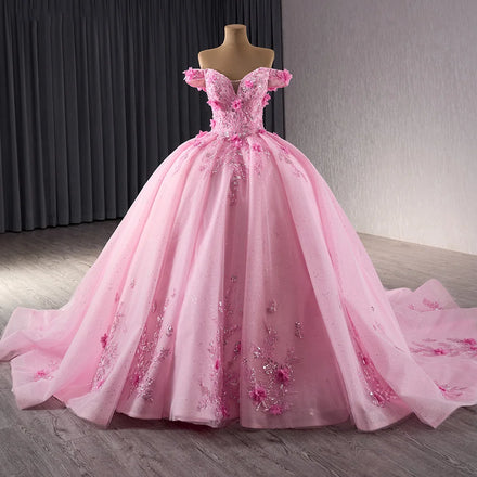 Jancember 241084 Fashion Pink Appliqued Flower Empire Bridal Ball Gown Evening Dresses