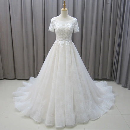 Jancember MZ0021 Beautiful Short Sleeve Embroidery Lace Wedding Bridal Dresses