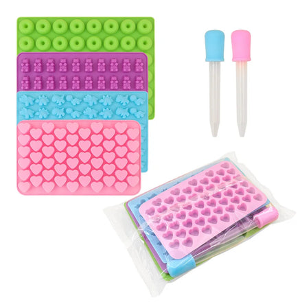 6Pcs Non-Stick Silicone Candy Molde Gummy Bear Dinosaur Donut Heart 2 Droppers Perfect Bakeware Set for Molds Decorations