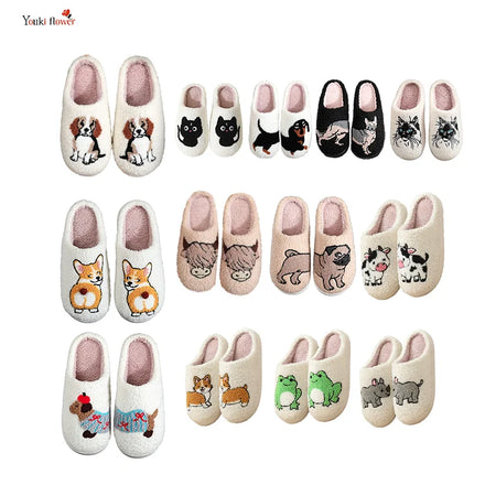 Winter Warm Funny Cute Cotton Rabbit Dog Cat Turtle Leopard Demu Black Face Sheep Capibala Dachshund Animal slippers