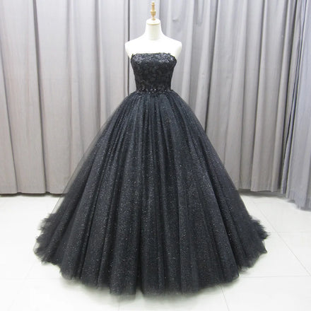 For Jancember MZ0007 Shiny Black Strapless A-Line Evening Party Gowns Anti-Static Dresses with Ruffles Pleats Natural Waistline