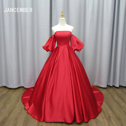 Jancember MZ0037 Vintage Red Boat Neck Satin Evening Long Tail Party Dresses