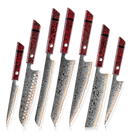 Grandsharp 7 Pcs Japanese 55 Layers Damascus Copper Steel Kitchen Chef Knives Sets Cutting Knife Red Resin Carbon Fiber Handle