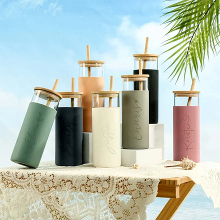 Personalized Glass Tumbler With Straw Engraved Glass Tumbler With Silicone Sleeve Bamboo Lid and Straw Iced Coffee Cup Gift