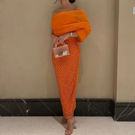 Jancember SF111 Orange Boat Neck Arabic One Shoulder Ankle Length Formal Party Gowns