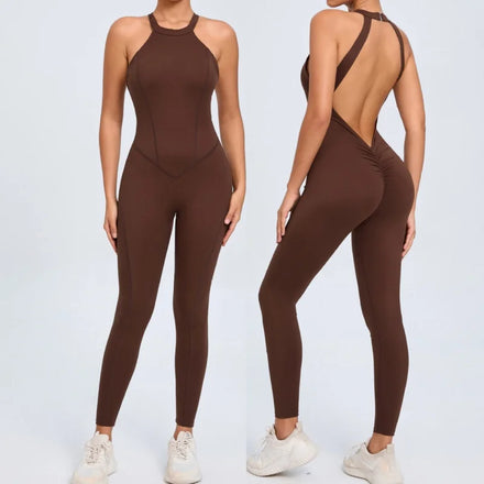 Aoyema High Quality Soft One Piece Elastic Spandex Yoga Set Wholesale Women Gym Fitness Sleeveless Backless Outdoor Jumpsuit