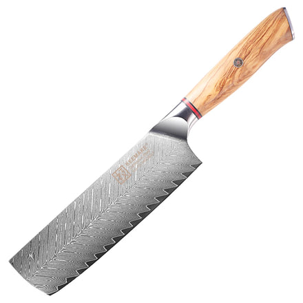 KEEMAKE 7-Inch Nakiri Kitchen Knife with Olive 67 Layers Damascus Steel Stainless Steel Cleaver Wood Handle Gift Box Included