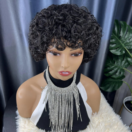 Short Bob Pixie Cut Water Wave Glueless Human Hair Wig None Lace Front Wig with Bangs Natural Black Full Machine Made Fringe Wig