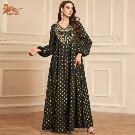 XL-4XL Women Elegant Muslim Long Dress Party Evening Charm Embroidery Maxi Robe V-neck Long Sleeve Dress Islamic Clothing