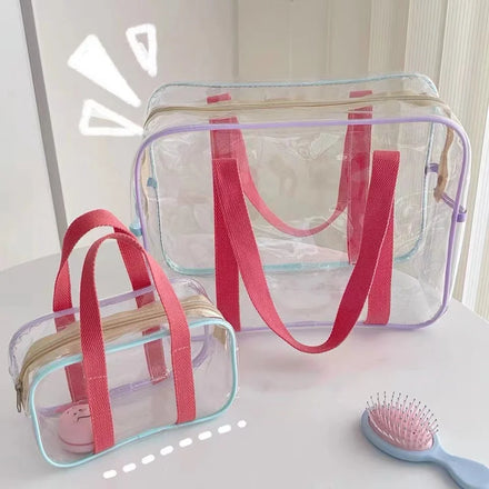 Large Clear PVC Waterproof Beach Bag with Zipper Closure Fashionable Summer Ins Shoulder Wash Storage Bag