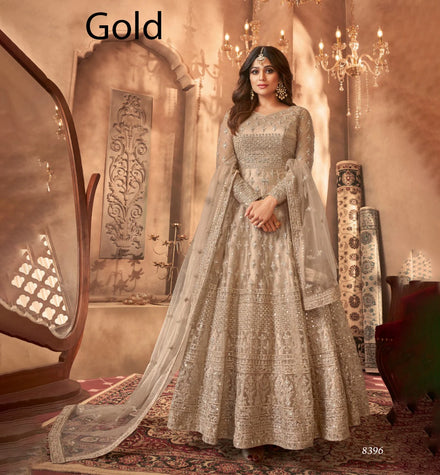 Indian & Pakistani Party Style Butterfly Net & Mirror Work Long Anarakali Suit with Lace Border Dupatta in Rayon Ready To Wear