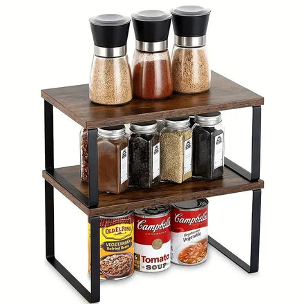 Set of 2 Metal & Wood Utility Racks for Kitchen Counter Stackable Expandable Food Storage Shelves Bracket Shelf Spice Rack