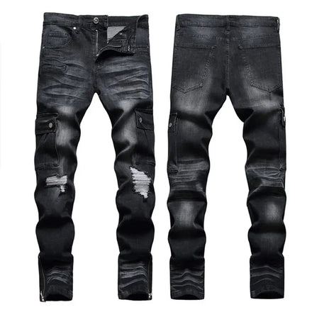 Customize Logo Hip-hop Style Black Tooling Bag Trousers With Zipper at the Hem Water Pressure Cat Mustache Slim-fit Elastic Jean