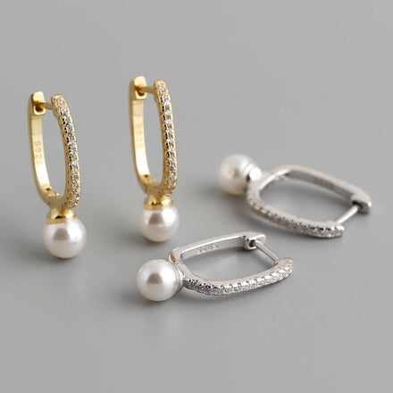 Wholesale Fashion Jewelry 925 Sterling Silver U-shaped Zircon Pearl Gold Plated Hoop Earring Jewelry for Women