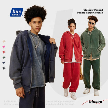 Wholesaler High Quality Heavy Weight 355g Oversize Washed Fleece Blank Custom Men's Zipper Hoodies