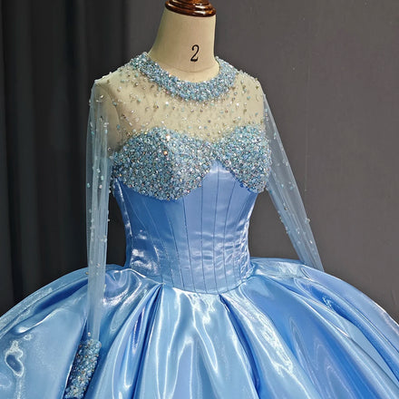 Jancember 1232 Crystal Long Sleeve Beading Baby Blue Evening Gowns Party Dresses