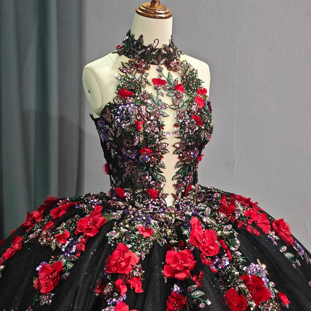 Jancember 1250 Generous Black Appliqued Flower Ball Gown Quinceanera Party Gowns