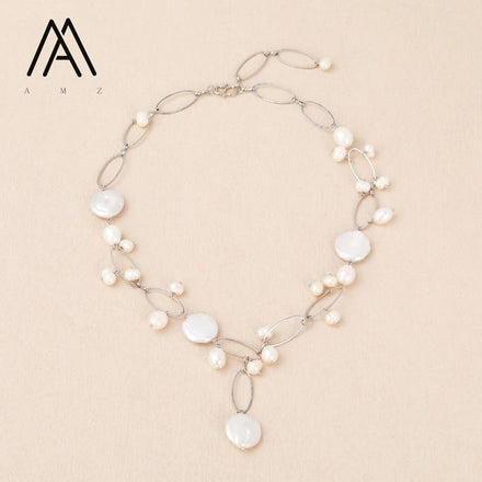 Platinum Plated Baroque Pearl Chain Necklaces Fashionable Trendy Jewelry for Parties