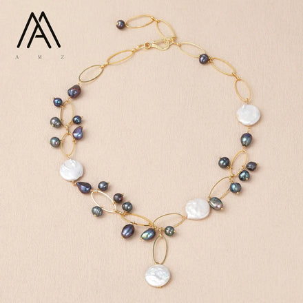 Trendy Bohemian Style Natural Grey and White Freshwater Pearl Necklace with Chain for Weddings Parties