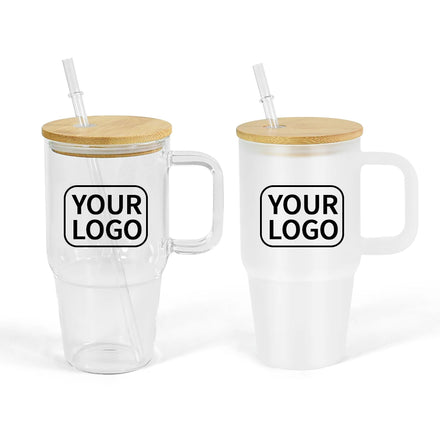 20oz Frosted Clear Glass Tumbler with Wooden Lid and Straw Travel Mug with Handle Glass Drinkware