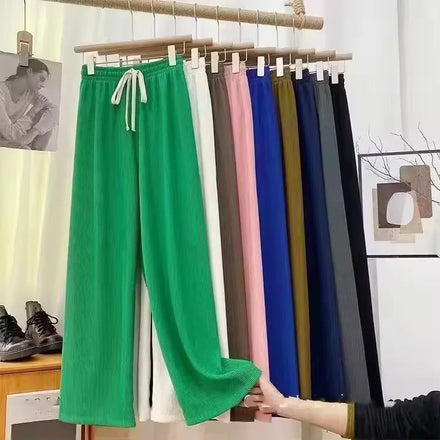 2024 Women Wide Leg Loose Pant Custom Straight Trousers Drawstring High Waist Solid Color Long Pants