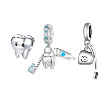 New S925 Sterling Sliver Women Bracelet Charms Smile Cute Teeth/Tooth Brush Set/Toothbrush Cup Dentisit Charms Bead Bracelet DIY