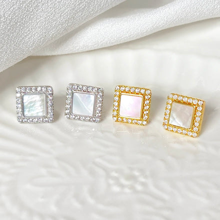For Foxi Wholesale New Design Square Shell Stud Earrings Gold-Plated Brass with Zircon Trendy Fashion Jewelry in Stock