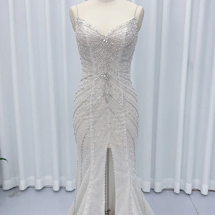 For Jancember HX89 Modern Sexy Spaghetti Strap V-neck Slit Mermaid Wedding Dress with Floral Lace Crystals Appliques