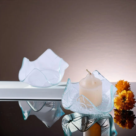 Modern Fluted Edge Floral Pattern Hand Blown Transparent Glass Multi-Purpose Trays/Candle Holder Wedding Home Decor Individually