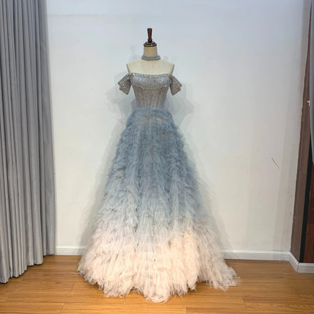 Jancember LSMZ02 Fashion Gradient Color Off Shoulder A-line Ruffle Evening Prom Dresses
